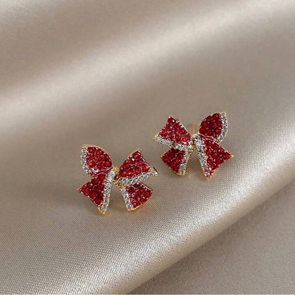 Red Bow Earrings with Rhinestones